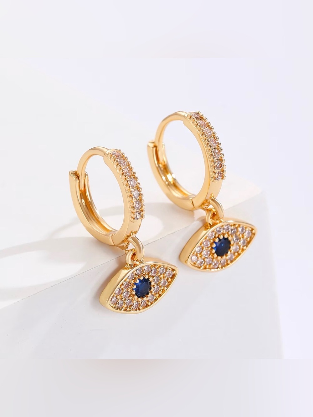 Gold-Tone Blue Evil Eye Charm Huggie Hoop Earrings